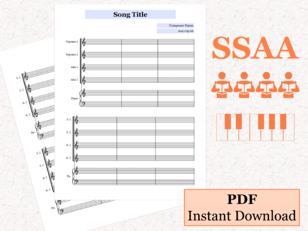 SSAA Choir Piano - Printable Blank Sheet Music Paper PDF