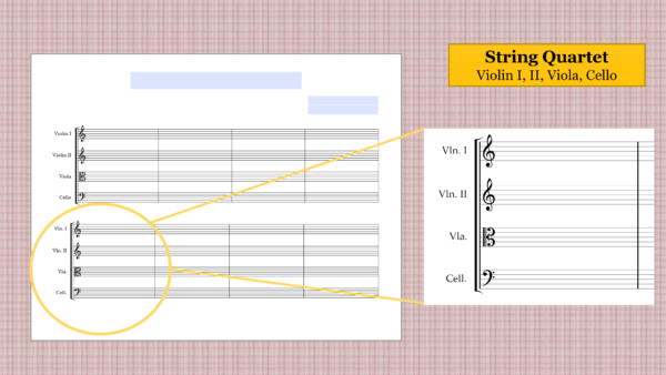 Strings Quartet Landscape - Printable Blank Sheet Music Paper PDF 02
