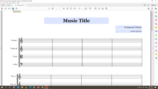 Strings Quartet Landscape - Printable Blank Sheet Music Paper PDF 05