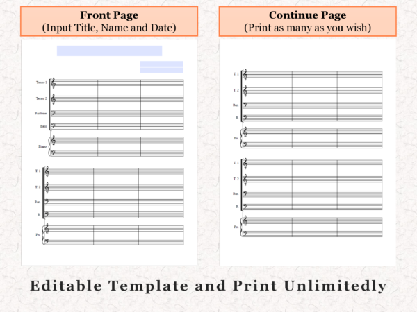 TTBB Choir Piano - Printable Blank Sheet Music Paper PDF 03